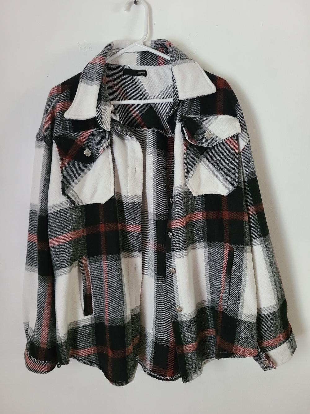 Women's Plaid Utility Shacket Jacket - Black, White & Pink